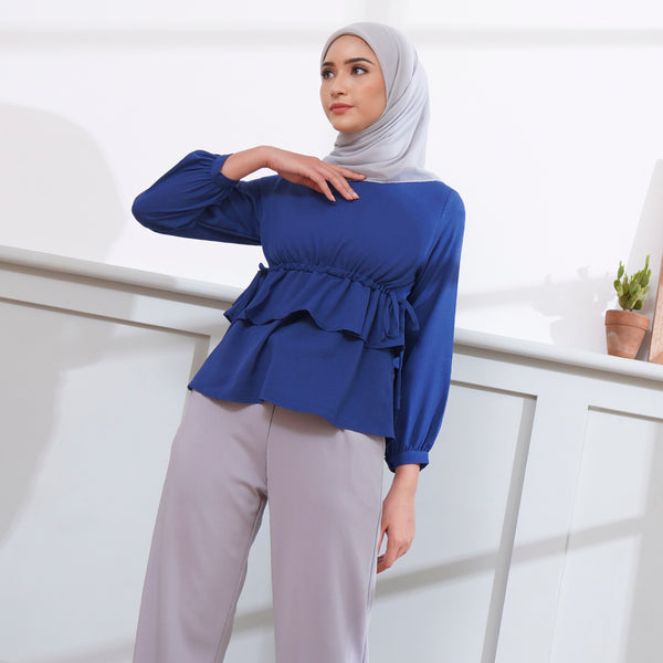 Wulfi Atasan Mina Steel Blue Blouse Pita Serut Badan Baju Muslim Friendly