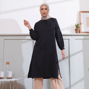 Wulfi Atasan Kemeja Tunik Middle Slit Black Kasual Lengan Panjang Baju Muslim
