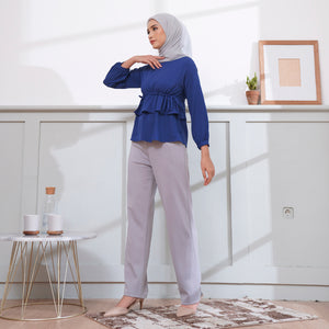 Wulfi Atasan Mina Steel Blue Blouse Pita Serut Badan Baju Muslim Friendly